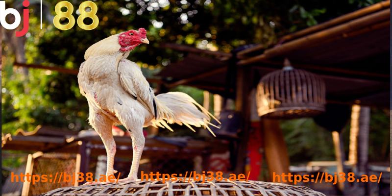 a white chicken standing on a wicker basket